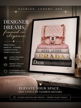 Designer Wall Art Canvas Purse and Book-stack Dior Prada, Valentino, Marc Jacob